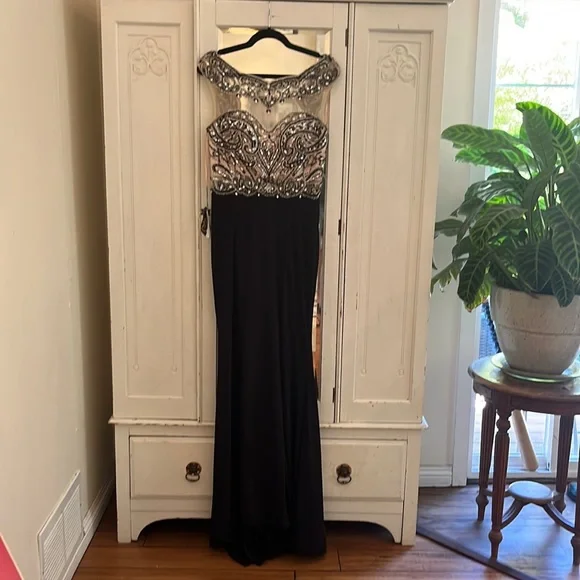 dave and johnny black beaded dress Open-Back Long Black Prom Dress with Beads– PromGirl main image 0